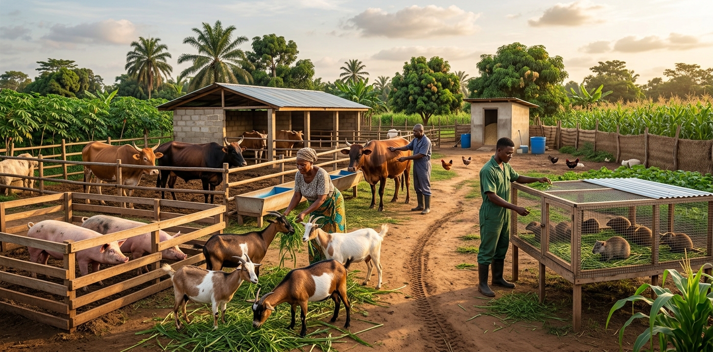 Nigerian farmers raising cattle, pigs and goats on a productive livestock farm