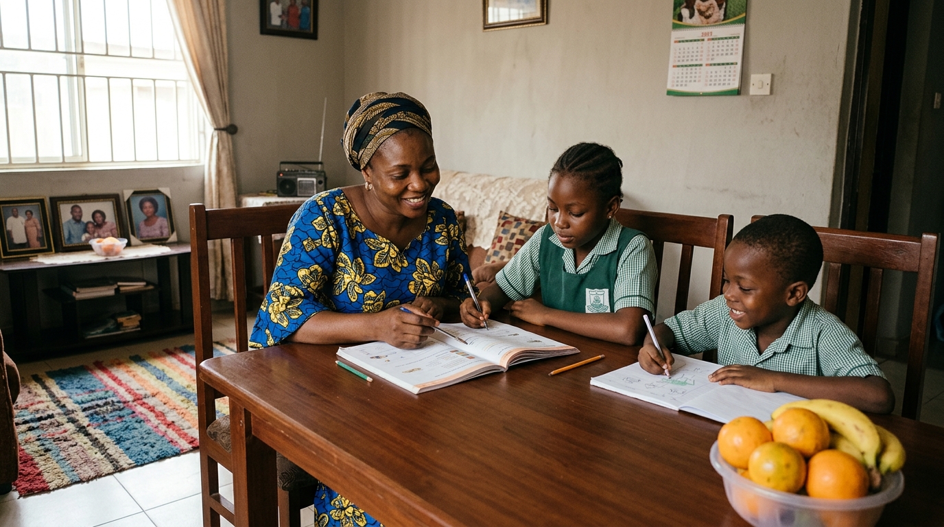 A mother helping her children with their schoolwork