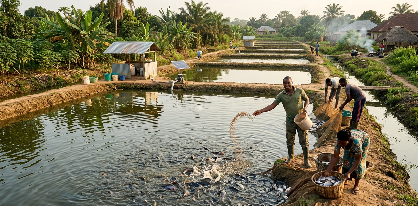 A Nigerian fish farmer working at a productive fishery