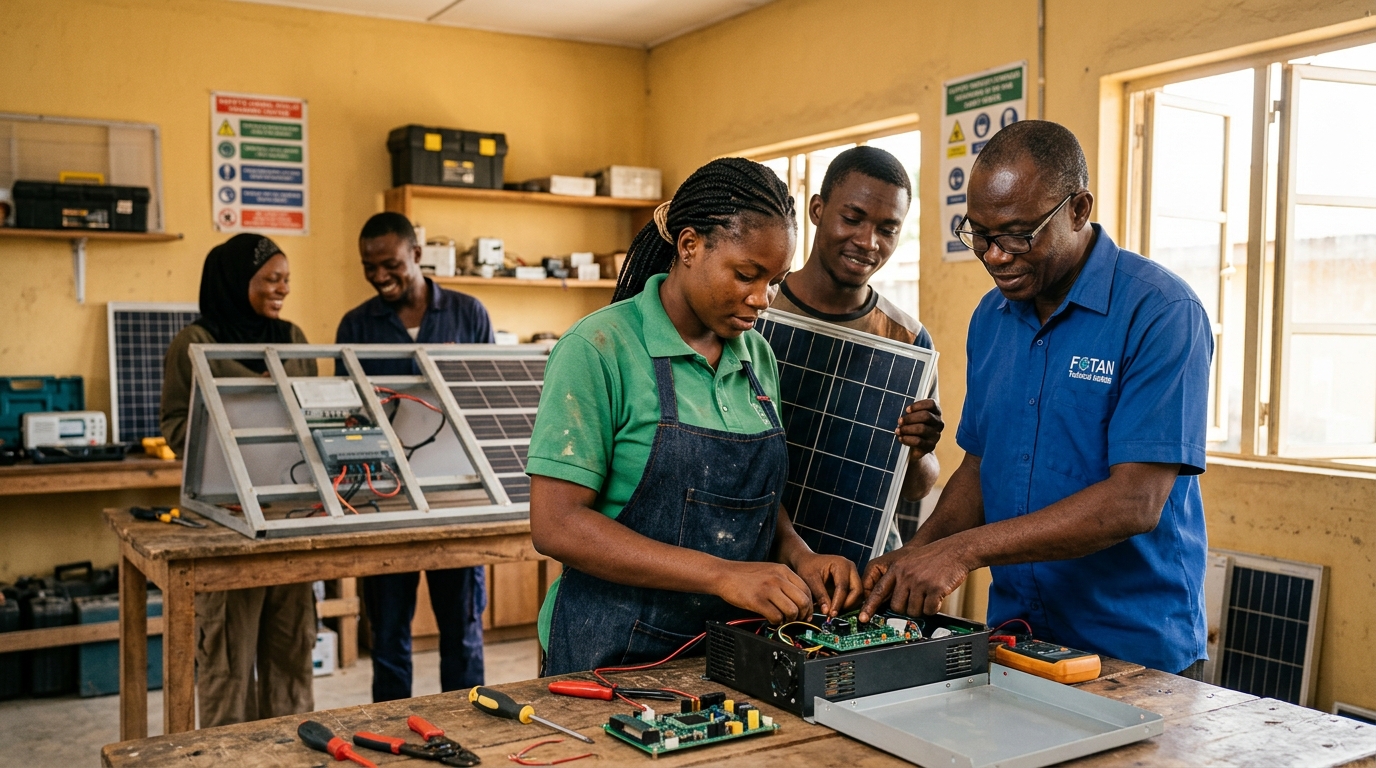Young Nigerians learning practical solar energy skills