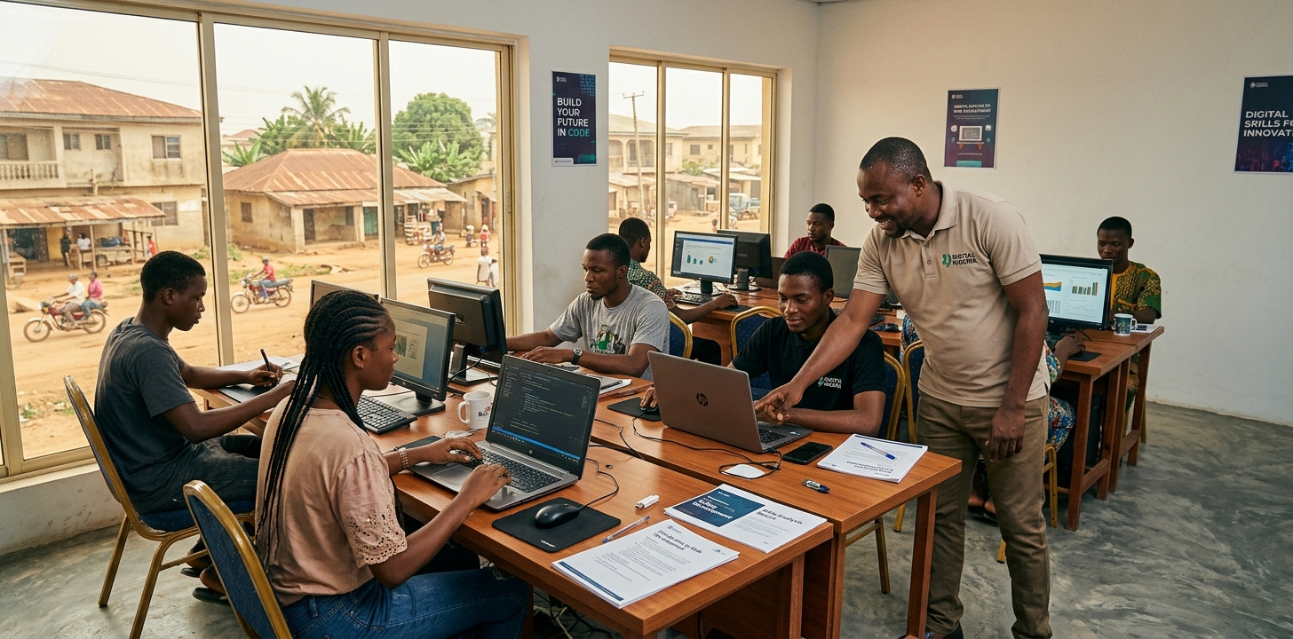 Young Nigerians learning digital skills at a technology training centre