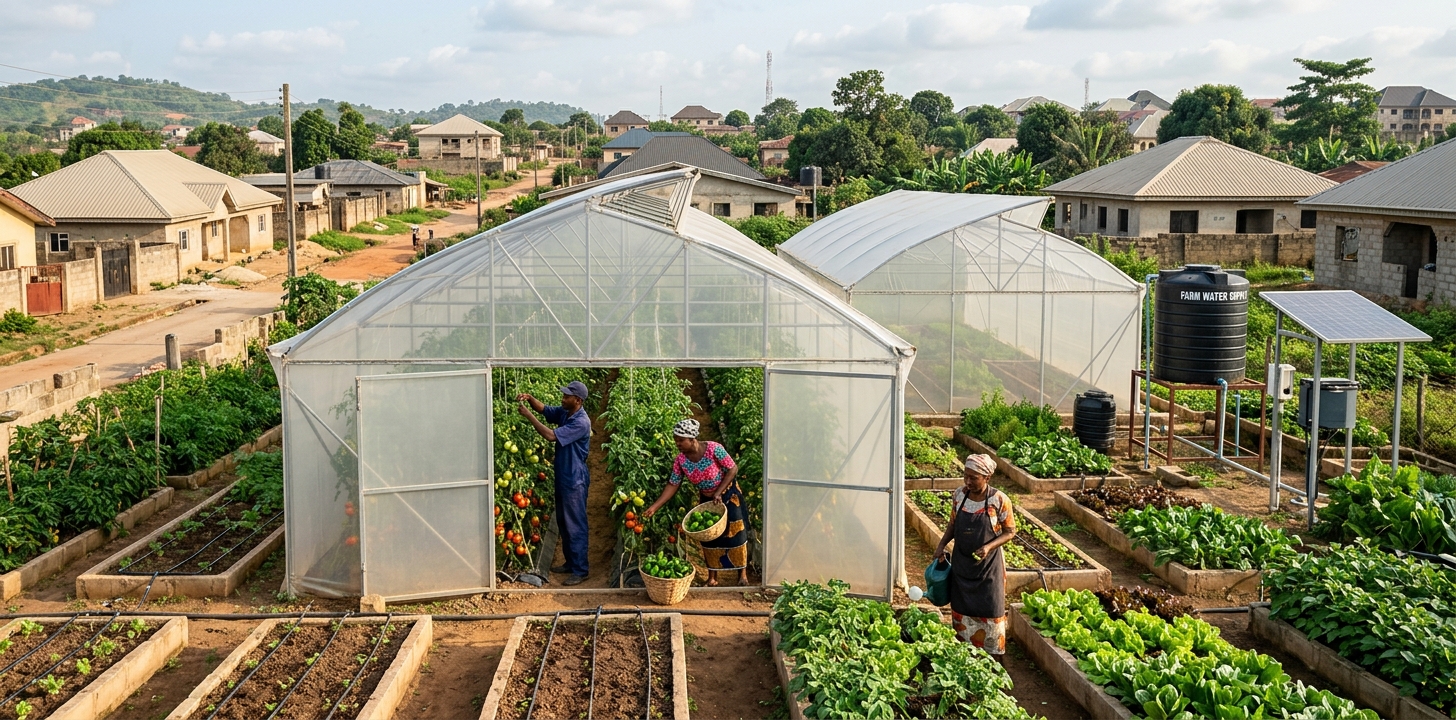 Greenhouse farming creating productive agriculture on the outskirts of a Nigerian city